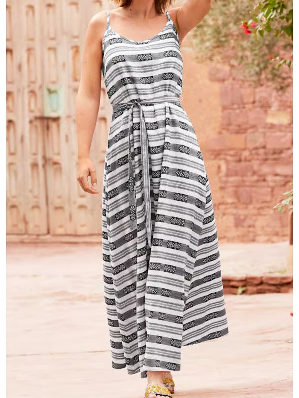 Garnet Hill Cotton Jacquard Woven Maxi Dress Black White‎ Boho Southwest Size 8